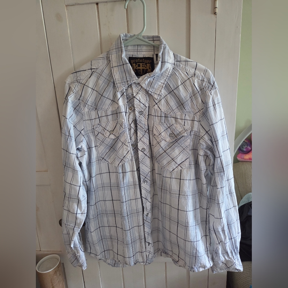 PROTOTYPE Mens Large Blue Plaid "Western" Style Shirt